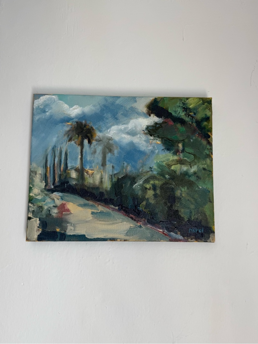 Blue and Green Palm Landscape Canvas .Original oil painting. 8”x10”
